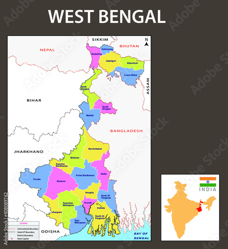 Districts In West Bengal Map West Bengal Map Showing International And State Boundary And District  Boundary Of West Bengal Political And Administrative Colorful Map Of West  Bengal With Districts Name Abstract Wall Mural | Abstra-Awesome Artt