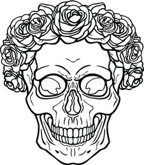 Mystical drawing:  human skull in a crown of roses. Magic, esoteric, occultism. Monochrome vector illustration isolated on white background. Print, poster, T-shirt, card. 
