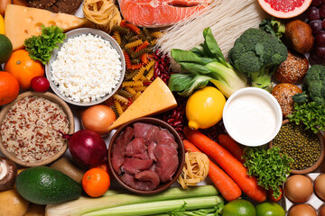 Different products as background, top view. Healthy food and balanced diet