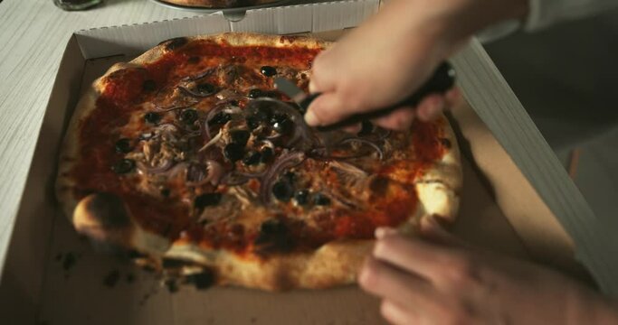 Delicious pizza surface with chease and meat rotating