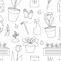 Seamless pattern gardening elements black and white vector illustration. Garden tools.
