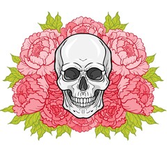 Mystical drawing:  human skull, bouquet of flowers. Magic, esoteric, occultism. Vector illustration isolated on white background. Print, poster, T-shirt, card. 