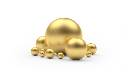 Group of gold spheres of various sizes isolated on white. 3d illustration