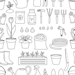 Seamless pattern gardening elements black and white vector illustration. Garden tools.