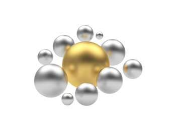 Golden sphere with a group of silver spheres around isolated on white. 3d illustration