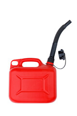 Red plastic canister with black spout for gasoline or other fuel. Isolated on white.