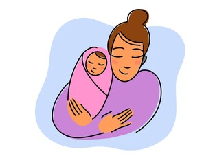Illustration for a logo, mother with a baby in her arms. Newborn child. Colored line drawing. Hugging family. Happy Motherhood. Logo for childbirth preparation courses. Cute cartoon style