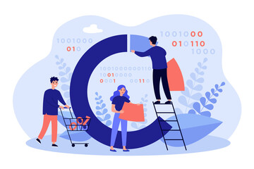 Tiny people analyzing data process diagram, Analysts testing binary code for software. Vector illustration data analysis, information technology industry concept