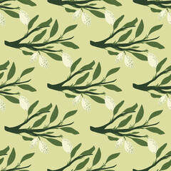 Summer harvest seamless citrus pattern with white lemon shapes and green leaves. Light pastel background.