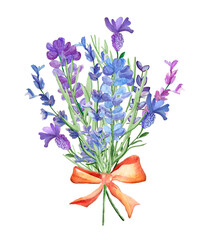 Bouquet with sprigs of lavender in blue and purple, decorated with a bright red satin bow. Template for decorating designs and illustrations.