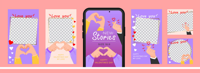 Set of design for stories with I love you heart sign. Editable template for social networks stories. For create trendy stories with message of love using hand gestures.
