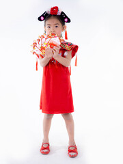 A girl in a qipao dress with her envelopes on white background. 