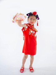 A girl in a qipao dress with her envelopes on white background. 