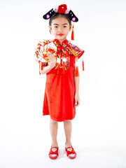 A girl in a qipao dress with her envelopes on white background. 