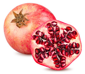 Isolated pomegranate. Whole and juicy half of pomegranate fruit isolated on white background with clipping path