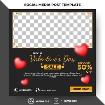 Editable square banners design. Valentine's day sale banner design with love decoration. Suitable for social media, banner, and web internet ads. Flat design vector with a photo collage.