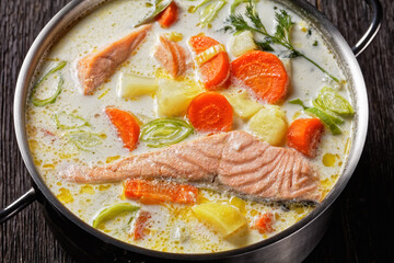 salmon fish soup with cream and veggies, top view