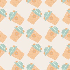 Beige simple funny bear in hats seamless doodle pattern. Pastel tones animal kids artwork with light background.