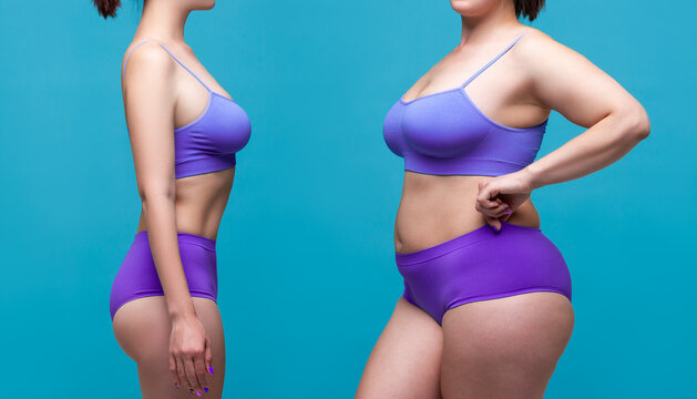 Woman's body before and after weight loss on blue background