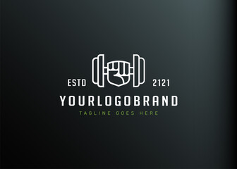 Fitness Logo Design Inspiration. Hand holding Gym Barbell Vector Illustration. Modern Icon Design Vector Template with Outline Style
