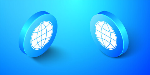 Isometric Earth globe icon isolated on blue background. World or Earth sign. Global internet symbol. Geometric shapes. Blue circle button. Vector.