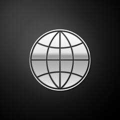 Silver Earth globe icon isolated on black background. World or Earth sign. Global internet symbol. Geometric shapes. Long shadow style. Vector.