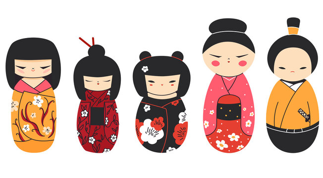 Isolated kokeshi dolls collection. Set of various traditional Japan culture symbols. Cute geisha, samurai toys cartoon clipart.