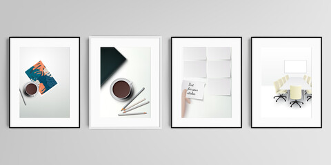 Realistic vector set of picture frames in A4 format isolated on gray background. Home office concept, study or freelance, working from home.