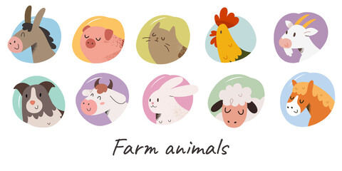 Cute farm animals with face expressions, domestic animal avater collection, cow, sheep and pig illustrations for badges