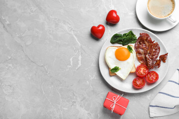 Romantic breakfast on grey table, flat lay with space for text. Valentine's day celebration