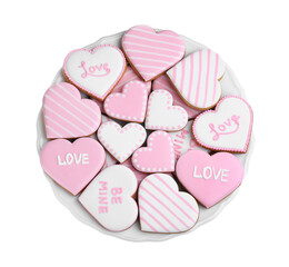 Delicious heart shaped cookies on white background, top view. Valentine's Day