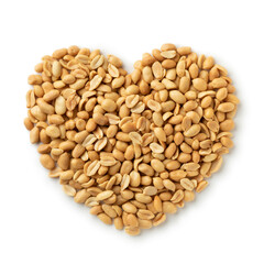 Salted peeled peanuts in a heart shape isolated on white background