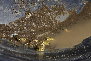 gold nuggets in a metal gold pan