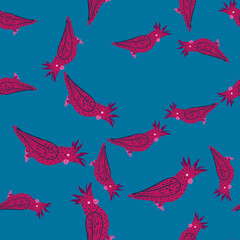 Seamless random pattern with bright pink colored cockatoo parrot shapes. Blue background. Zoo backdrop.