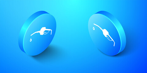 Isometric Gasoline pump nozzle icon isolated on blue background. Fuel pump petrol station. Refuel service sign. Gas station icon. Blue circle button. Vector.