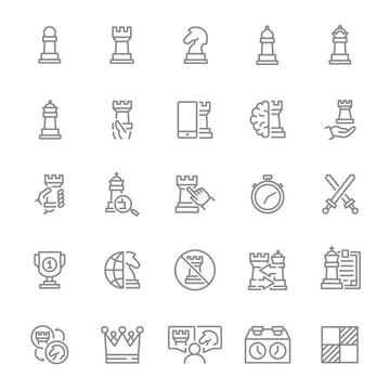 Set of chess line icon. Board game, king, queen, bishop, pawn, rook, knight and more.