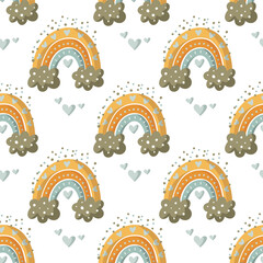  Rainbow seamless pattern with hearts and clouds. Cute kid illustrations. Nursery baby abstract art with childish elements. Childish art.