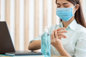Asian people wearing protective mask and using alcohol antiseptic gel clean wash hand sanitizer anti virus bacteria dirty skin care coronavirus