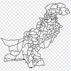 Blank map Islamic Republic of Pakistan. Districts of Pakistan map. High detailed vector map  on transparent background for your web site design, app, UI. EPS10. 