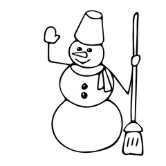 Vector Illustration of a black fun snowman with a broom isolated on a white background for coloring book