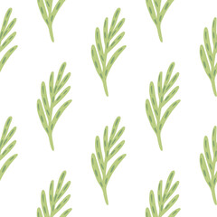 Isolated botanic seamless pattern with green doodle leaf branches ornament. White background.