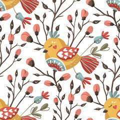 Cute little bird and flower seamless vector pattern on white backgound. Floral ornate folk art cartoon wallpaper ornament.
