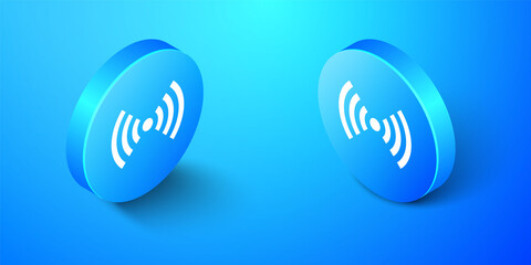 Isometric Wi-Fi wireless internet network symbol icon isolated on blue background. Blue circle button. Vector.