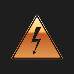 Gold High voltage sign icon isolated on black background. Danger symbol. Arrow in triangle. Warning icon. Long shadow style. Vector.