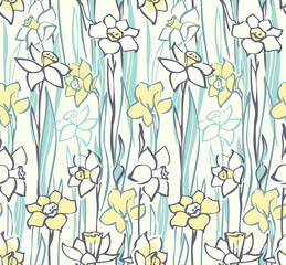 Daffodils seamless pattern. Light coloured floral print with Narcissus. Hand drawn spring themed background for stationery, fabric, interior decor