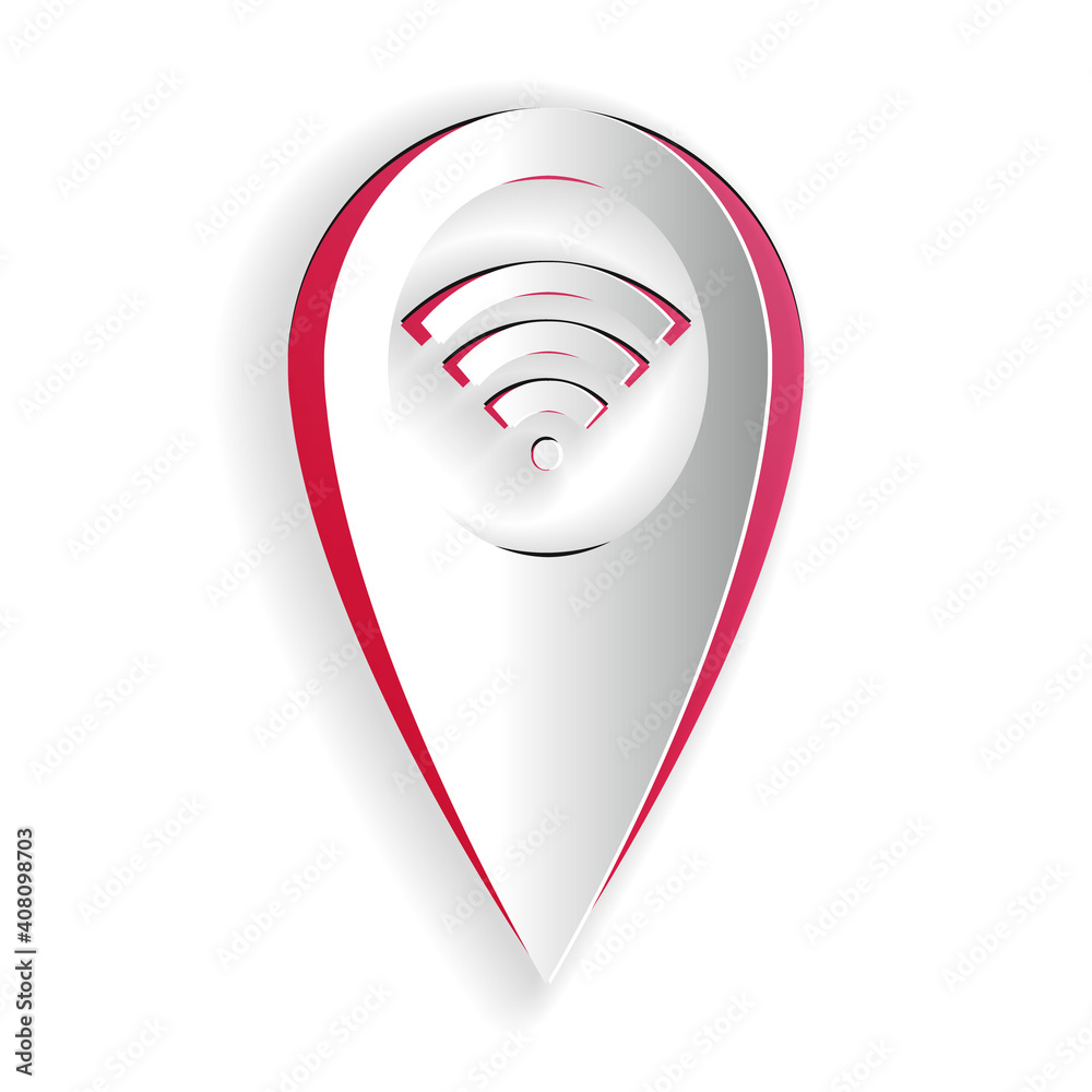 Poster paper cut pointer map with wifi internet signal connection icon isolated on white background. paper 