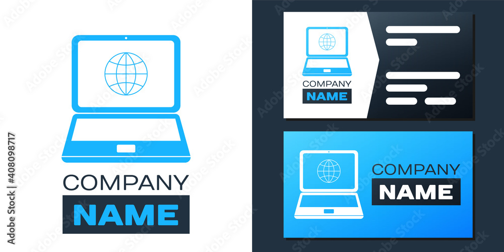 Poster logotype globe on screen of laptop icon isolated on white background. notebook computer with globe s