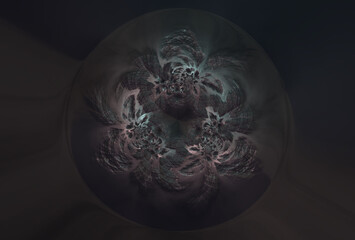 Fantastic dark fractal background. Metal ball. Abstract fractal texture. Digital art. 3D rendering.