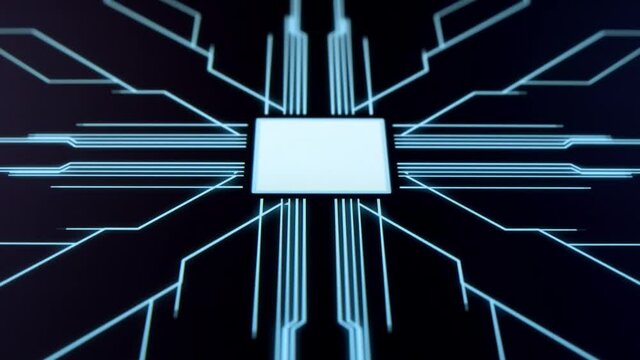 Human finger is pressing a digital button on a glowing touchscreen. Futuristic microprocessor is starting the operation of the computer program. Machine learning and artificial intelligence.