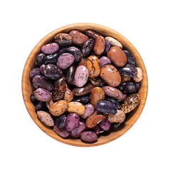 Beans in a wooden bowl on a white isolated background.